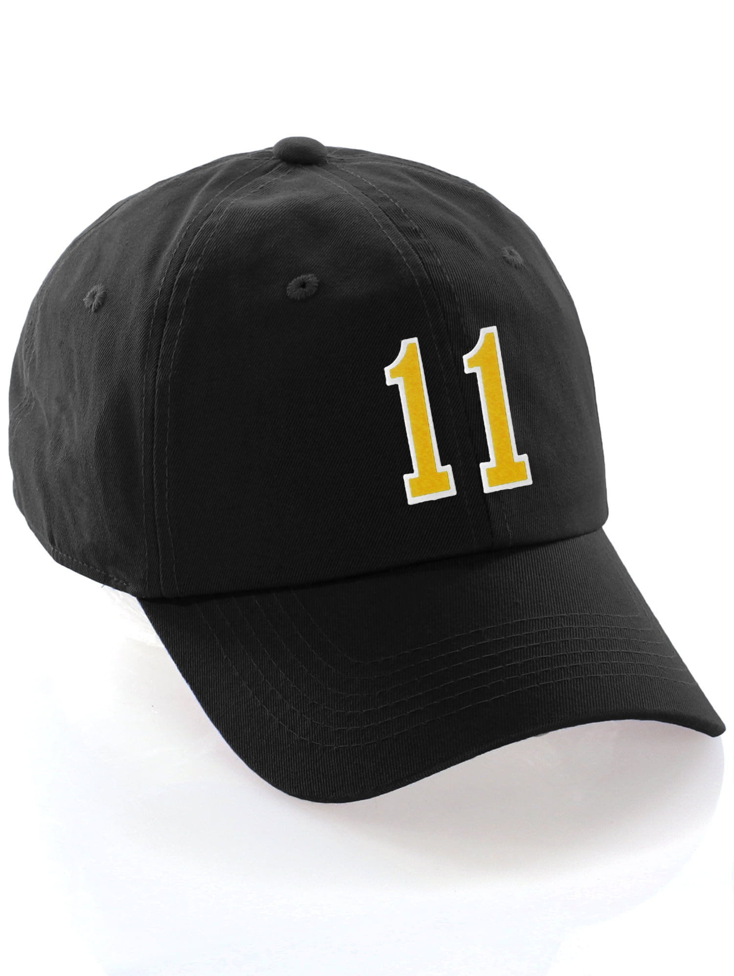 Customized Number Hat 00 to 99 Team Colors Baseball Cap, Black Hat White Gold Number 11 ...