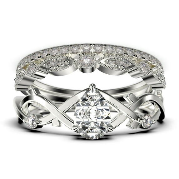 Boho & hippie 2.10 Carat Pear Cut Diamond Moissanite Unique Engagement Ring, Wedding Ring, Inspired And Branch Ring in 10k Solid White Gold, Gift For Her, Surprise, Trio Ring Set