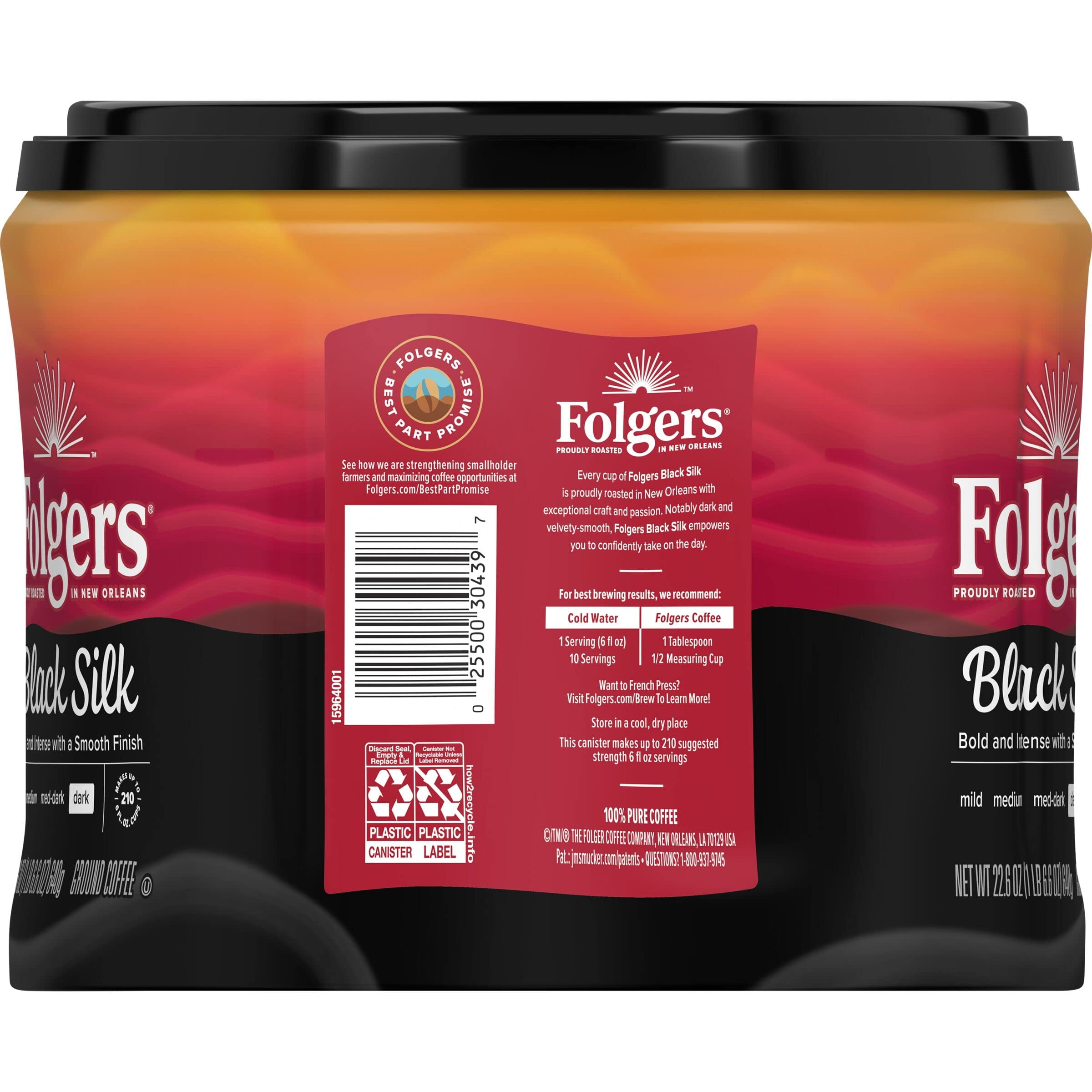 Folgers Black Silk Dark Roast Ground Coffee, 22.6 Ounce Canister