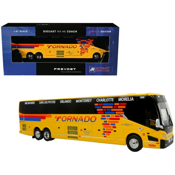 Prevost H3-45 Coach Bus "Tornado Bus Company" Yellow with Graphics Limited Ed 1/87 (HO) Scale Diecast Model by Iconic Replicas