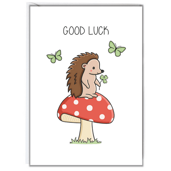 Good Luck Hedgehog Greeting Card – Cute Design with Mushroom and Butterflies – Blank Inside, Perfect for Encouragement, Best Wishes, and Celebration