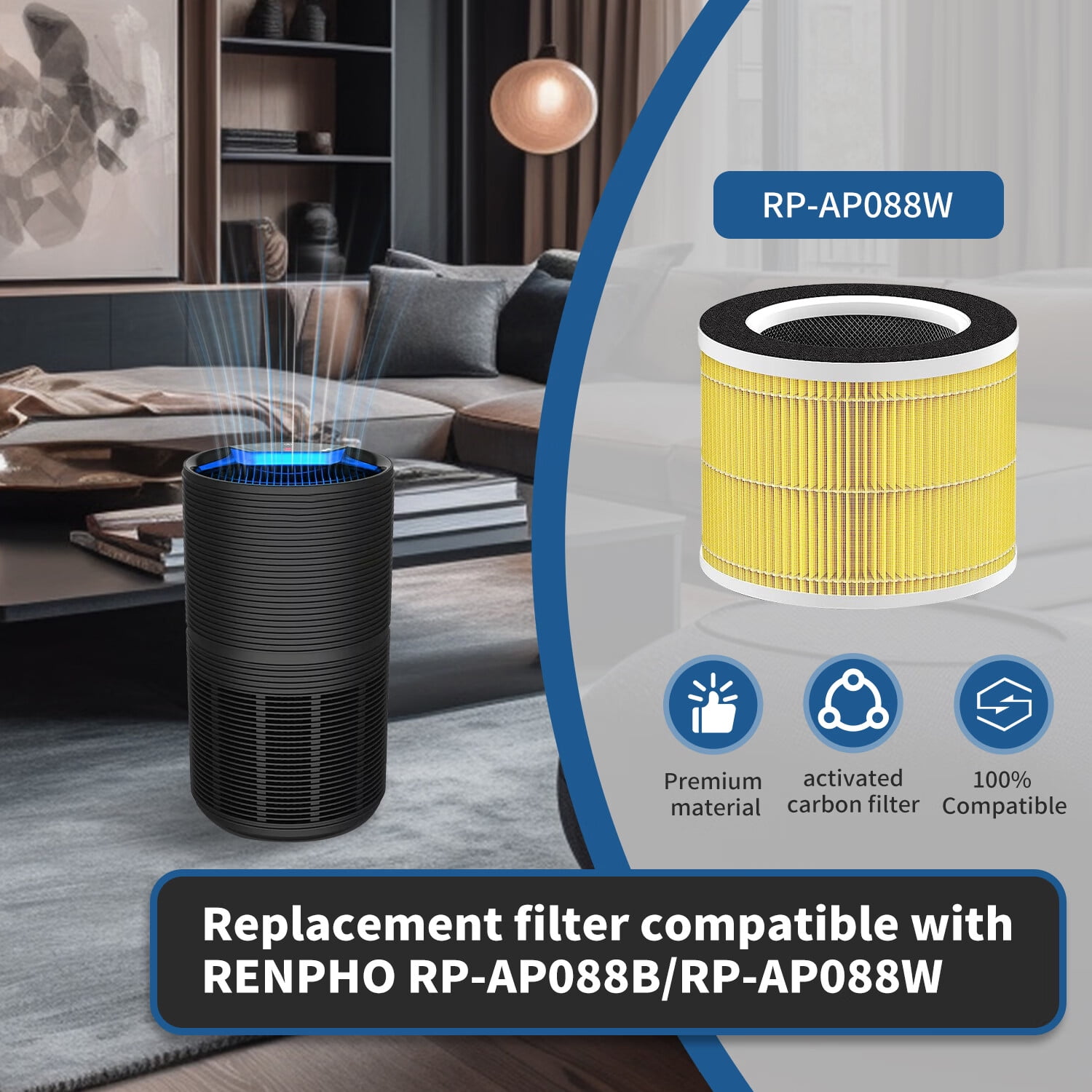 Replacement H13 True HEPA Filters Compatible with RENPHO RP-AP088B RP-AP088W Air Purifiers, 2 Pack