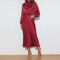 thumbnail image 5 of IDOPIP Women's Elegant Long Sleeve Satin Dress Mock Neck Elastic Waist Cocktail Party Maxi Dress, 5 of 7