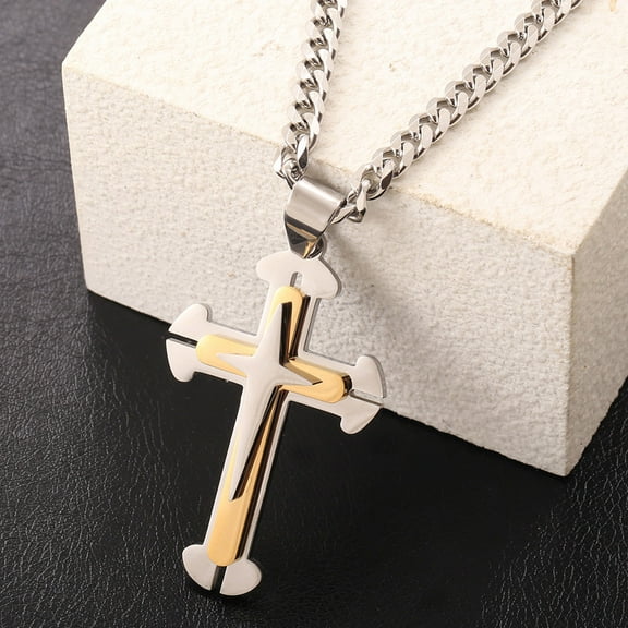 Hermah Mens Cross Pendant Necklace 5mm Gold Silver Cuban Chain