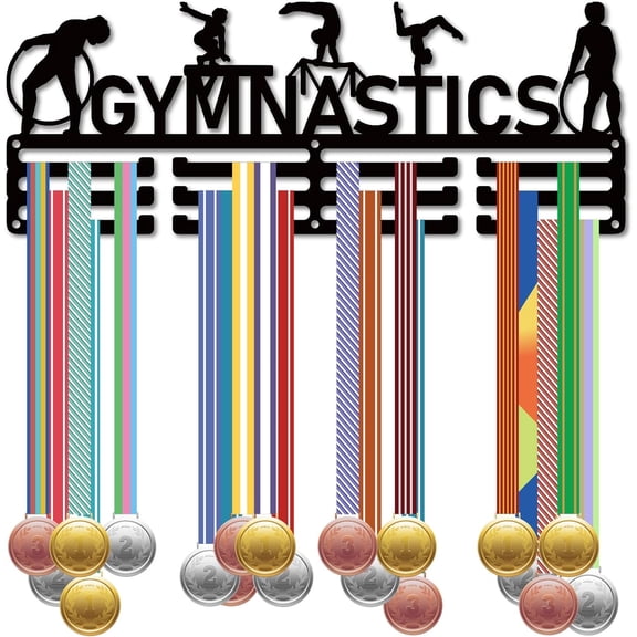 Gymnastics Medals Holder Gymnastics Awards Display Iron Sports Trophy Rack Award Ribbon Wall Mounted Organizer with Screws Hanging Over 60 Medals for Athletes Gift Black 15.7 x 5.9 Inch