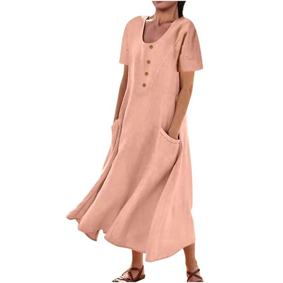 Staron Womens Summer Dress Cotton Linen Long Round Neck Beach Sundress Short Sleeve Cute Buttons Flowy Dress Fashion Vacation Dresses
