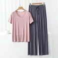 thumbnail image 4 of V Neck Short Sleeve Pajama Set With Loose Fit Long Pants For Women Thin Summer Sleepwear, 4 of 4