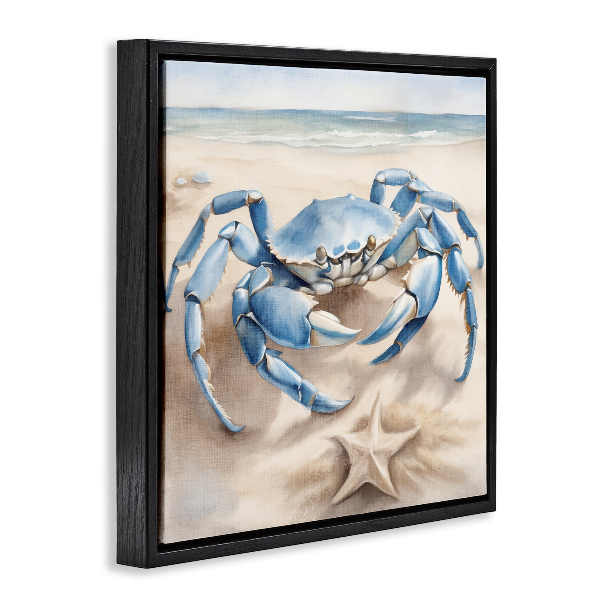 Stupell Industries Crab & Starfish on Beach Animals & Insects Painting Black Floater Framed Canvas Art Print Wall Art, 18 x 18