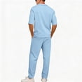 thumbnail image 4 of Jessboyy Mens Pants Sets 2 Piece Outfits Summer V Neck Short Sleeve T Shirts and Pants with Pockets Travel Vacation Outfits Casual Clothing Set Light Blue,L, 4 of 9