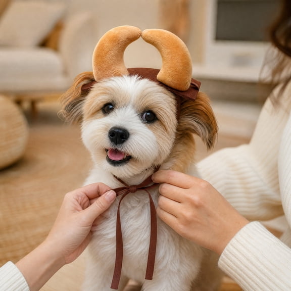 Small Dog Halloween, Cat Halloween, Pet Halloween Costumes with Halloween Plush Horn Design, Adjustable Halloween Accessory for Halloween Party, Brown Yellow, 1 Pack