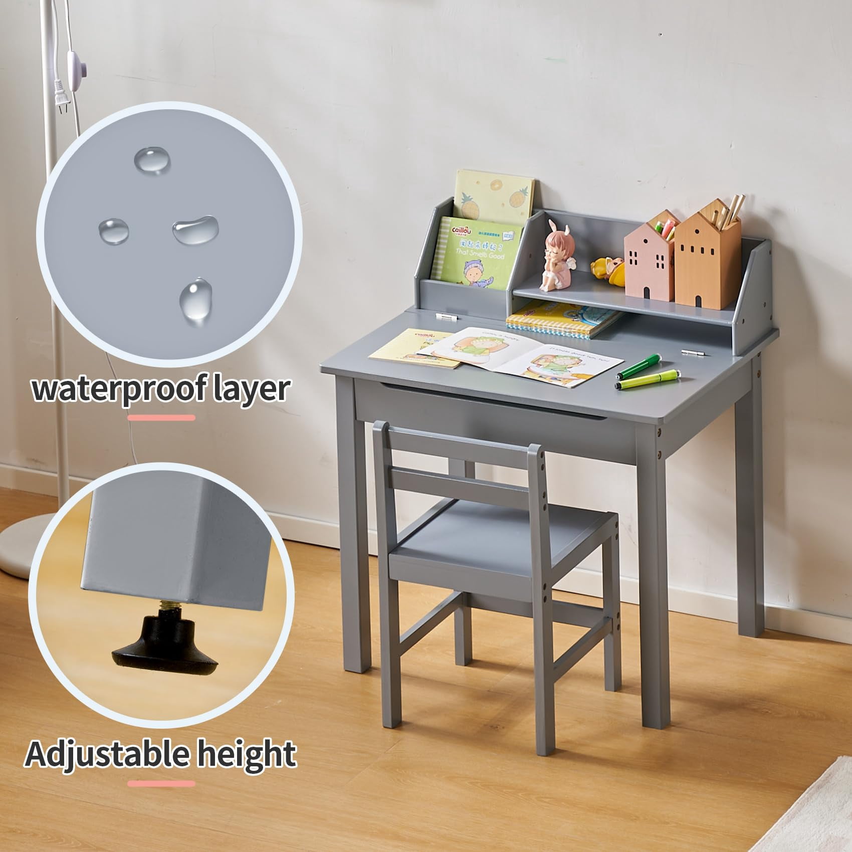 UNICOO® Bamboo Toddler Desk and Chair Set, Lift-Top Desk & Chair Set for 3-8 Years Old Toddlers, Children Writing Desk with Storage and Hutch for Home School Use (C007 - Grey)