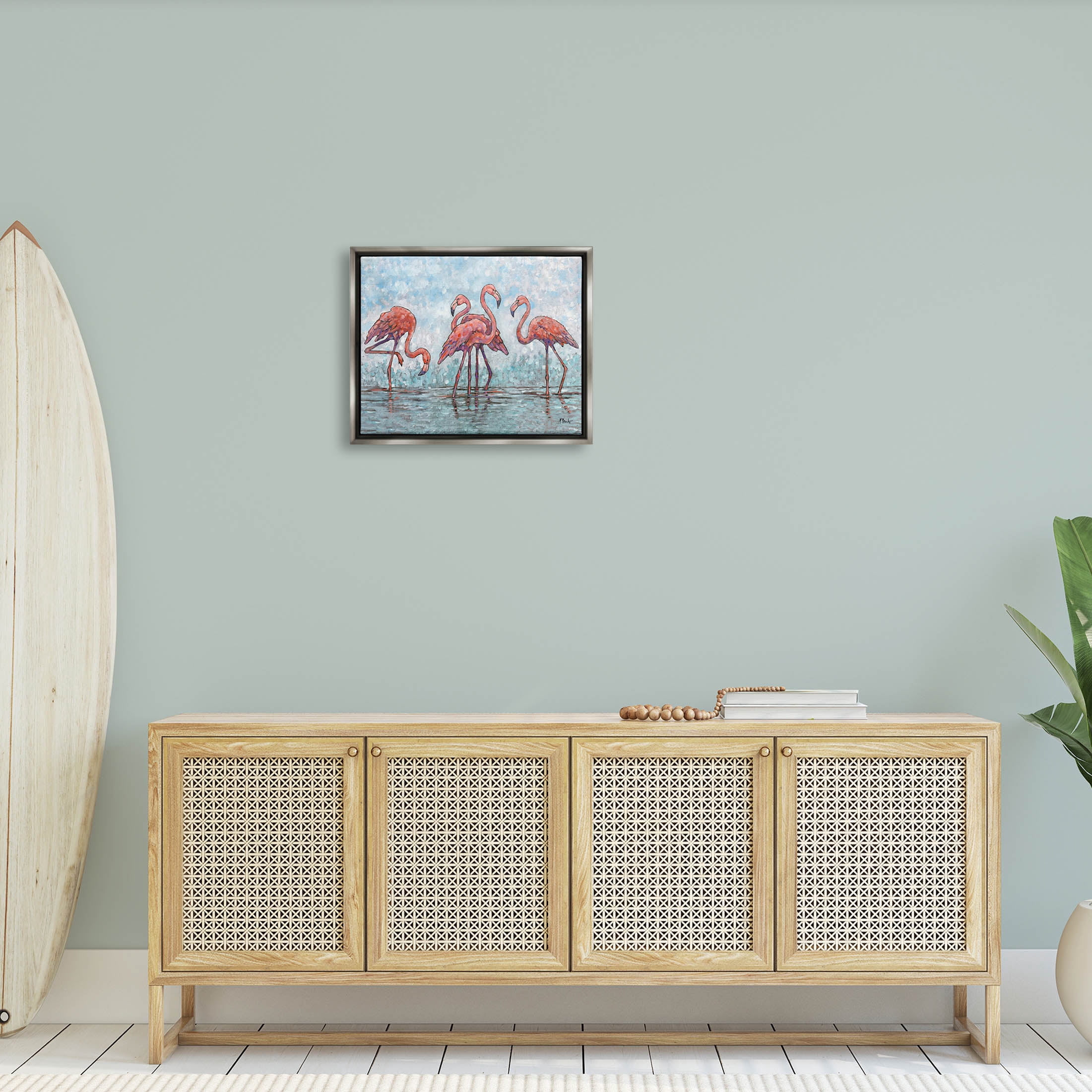 Stupell Industries Flamingos in Lagoon Impressionist Style Painting Luster Gray Floating Framed Canvas Print Wall Art, Design by Paul Brent