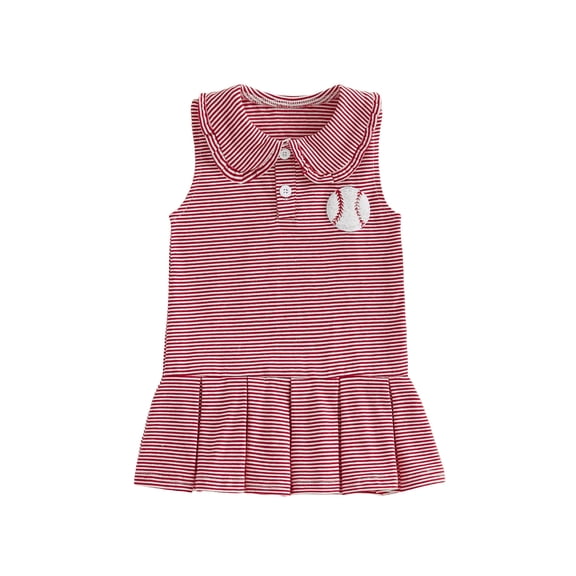 BemeyourBBs Little Toddler Baby Girls Baseball Dress Summer Outfits Clothes A-line Tank Dress Sleeveless Doll Collar Baseball Embroidered Striped Dress