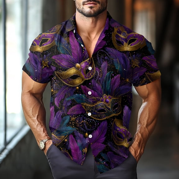 Mens Carnival Shirts Short Sleeve Funny Shirts Beach Shirts for Men,Button Down Mask Printed Shirt for Men