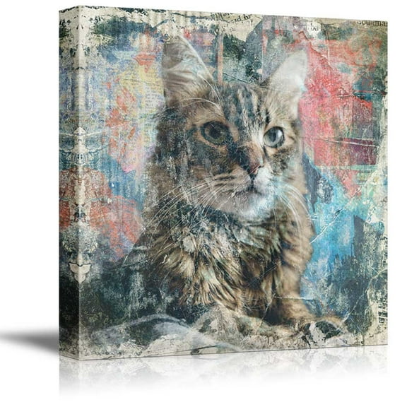 wall26 Square Cat Series Canvas Wall Art - Cat with Colorful Background - Giclee Print Gallery Wrap Modern Home Art Ready to Hang - 24x24 inches