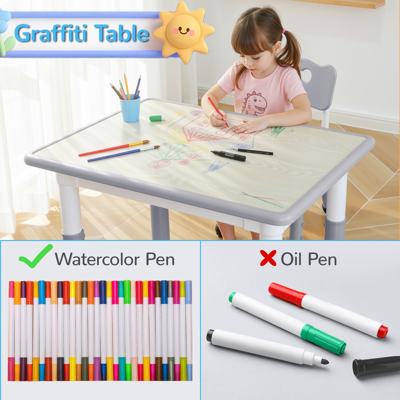 Arlopu Kids Table and 2 Chairs Set, Height-Adjustable Toddler Table and Chairs Set w/ Graffiti Desktop for Reading & Drawing, Children Activity Table w/ Non-Slip Legs for Daycare,Classroom,Preschoo
