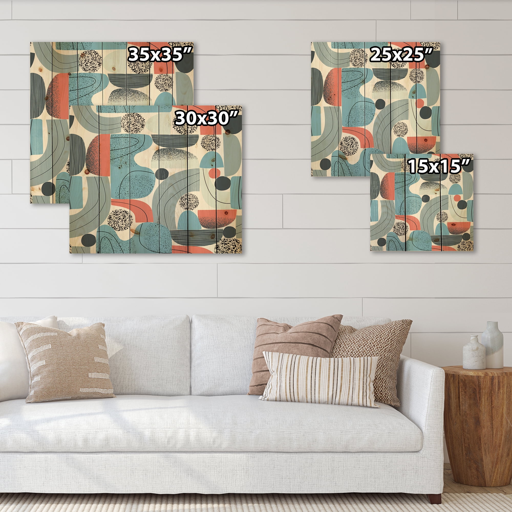 Designart 'Retro Shapes With Abstract Moons and Suns II' Modern Print on Natural Pine Wood