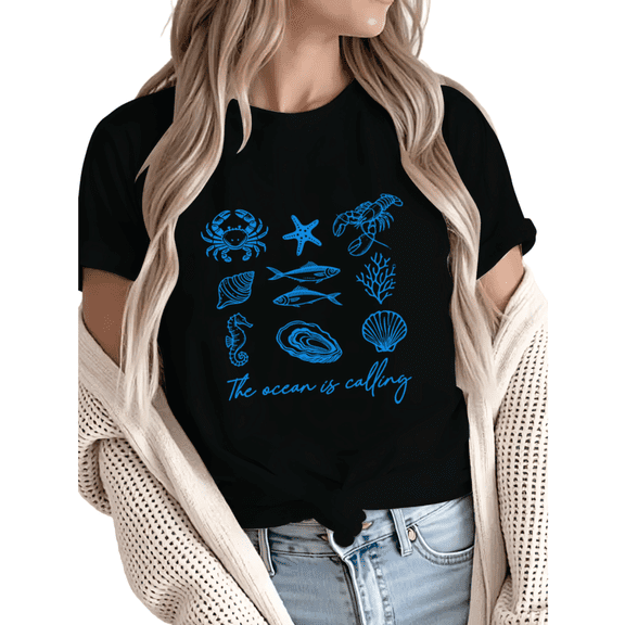 Women The Ocean Is Calling Blue Marine Life Graphic fun Tees T Shirt Tops Round Neck Cotton T Shirt Black S-5XL