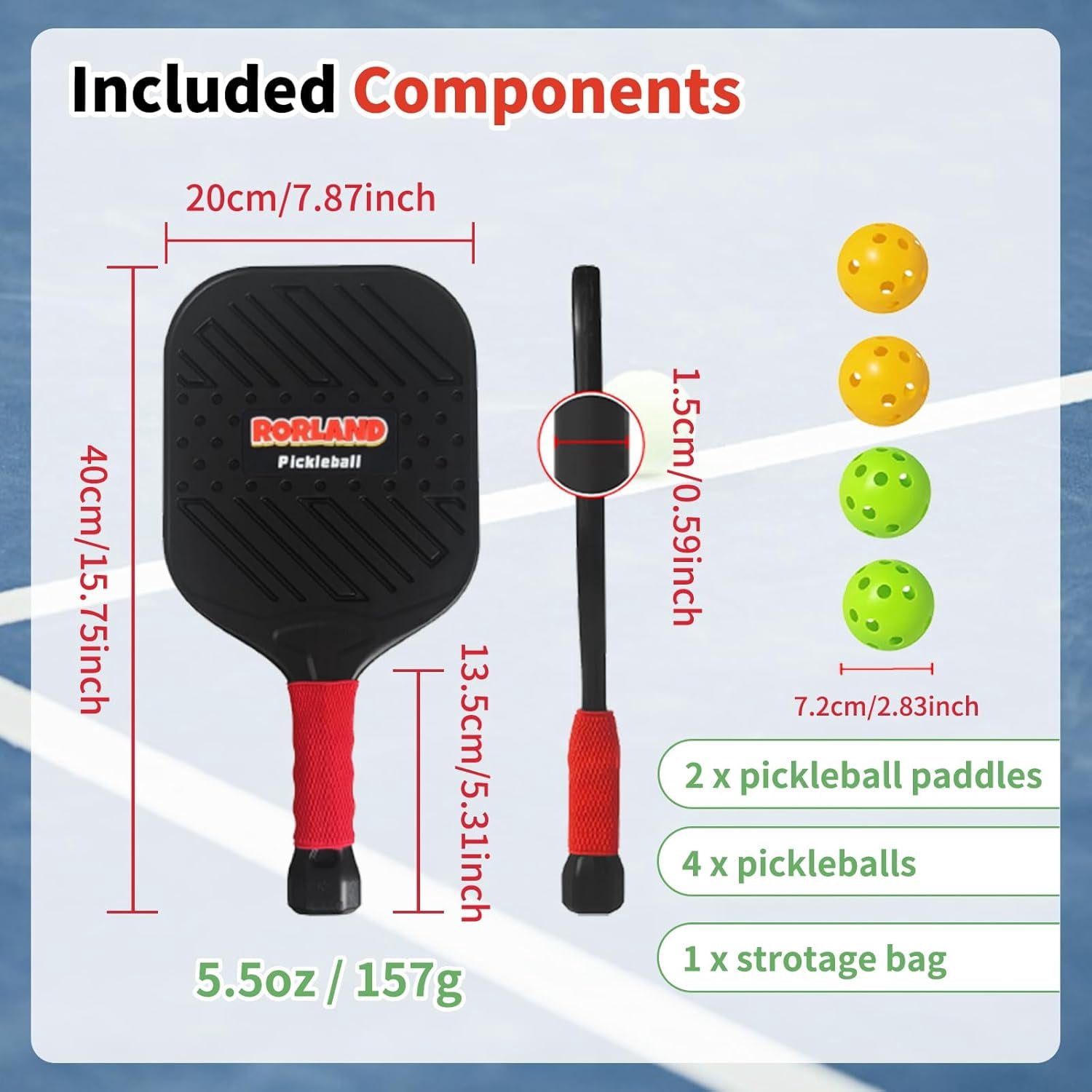 RORLAND 5.5oz Lightweight Pickleball Paddles Set of 2,Fun Play Sport Game for Kids or Adults Beginner,Teenagers Indoor Outdoor Activities (L,157g)