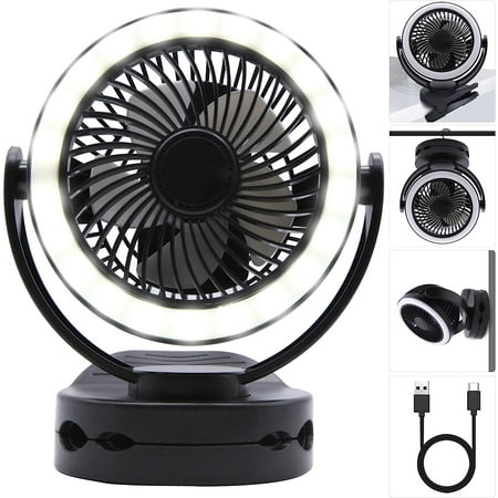 

Facon 5000mAh Portable USB Rechargeable Cooling Fan 360°Rotatable Clip On Desk Wall-Mount Fan with Hook and Light 4 Speeds Strong Airflow Adjustable for RV Travel Camping Office Timing Function