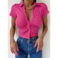 thumbnail image 2 of Top de moda con botones de solapa de diseño delgado y ajustado de manga corta para mujer para ir de compras en la oficina, citas, rojo rosa S, 2 of 5