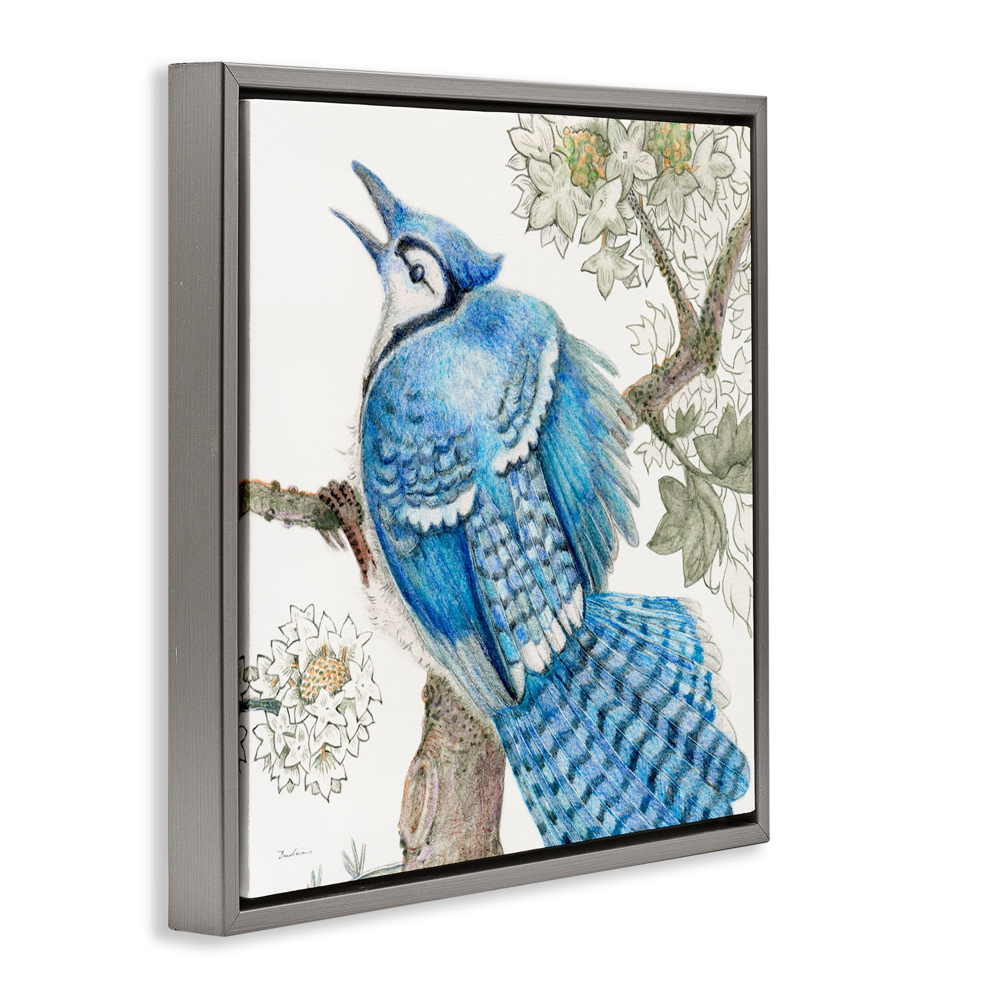 Stupell Industries Rhododendron & Blue Jay Animals Painting Gray Floater Framed Canvas Art Print Wall Art, 18 x 18