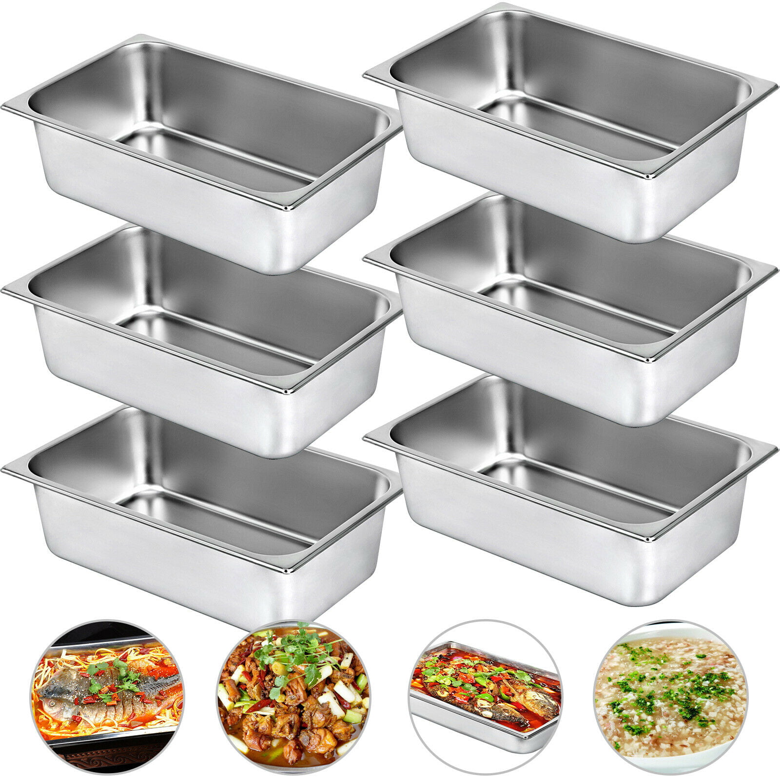 VEVOR Set of 6 Hotel Pan Steam Table Pan Full Size 20x12x6 Inch Full Size Stainless Steel Steam Table Pans