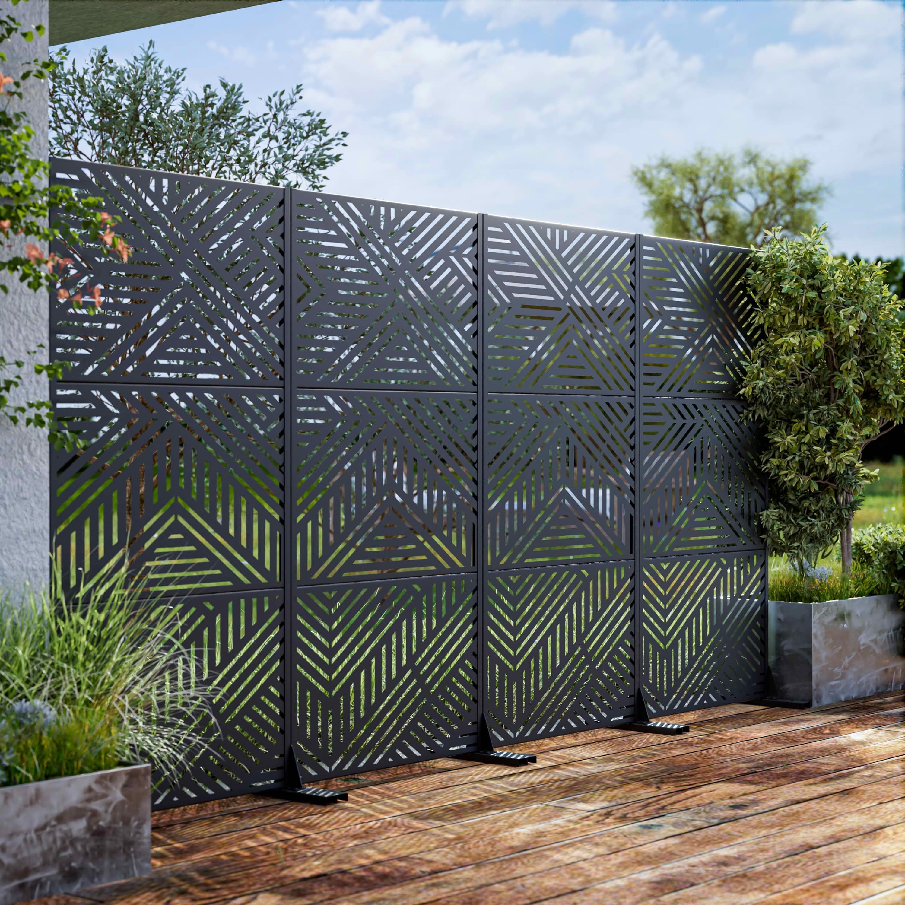 MAYEERTY 72x35x16 Inch Black Random Stripe Galvanized Steel Privacy Screen, 3 Piece Set for Outdoor Street
