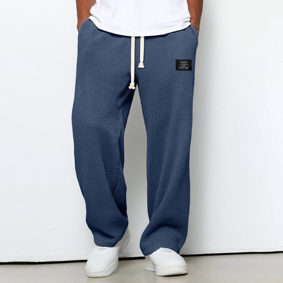 Men's Waffle Knit Straight Leg Pants, Relaxed Fit Drawstring Casual Trousers, Breathable Soft Everyday Pants, Solid Color Loungewear, 10 Colors, Sizes S-XXXXL