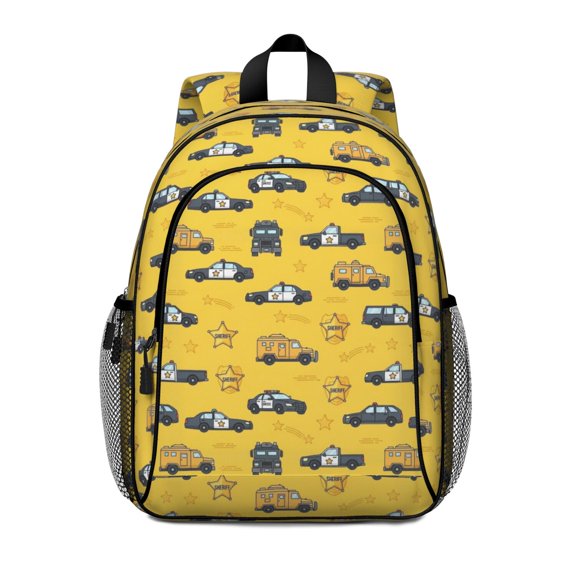 Police and Sheriff Yellow Pattern Backpack for School, Cute School Bag with Adjustable Shoulder Straps and Padded Back, 15"x11.42"x5.5"