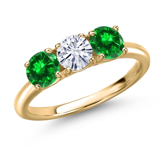 Gem Stone King 10K Yellow Gold White Moissanite and Green Created Emerald Engagement Ring for Women | 2.18 Cttw | Round 5MM | Gemstone Birthstone | Size 9