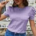 thumbnail image 2 of SELONE Womens Tops Dressy Casual Summer Tops for Women Casual Crewneck Short Sleeve Puff Sleeve Plaid Round Neck Solid Color Bubble Sleeve Fashion Beach Classy Y2K Soft Shirts for Women Purple S, 2 of 6