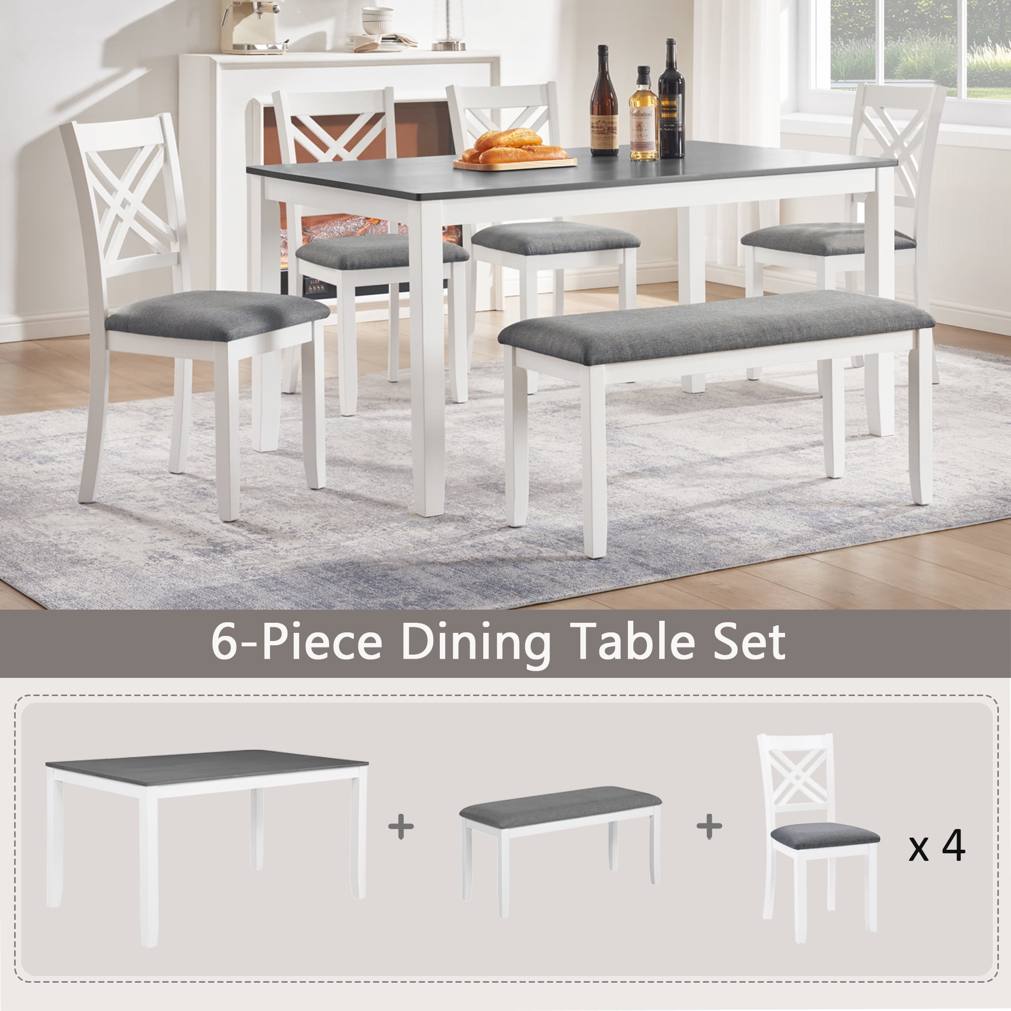 6 Piece Dining Set for 6, 58.5" Rectangular Dining Table with 4 Upholstered Chairs and a Bench