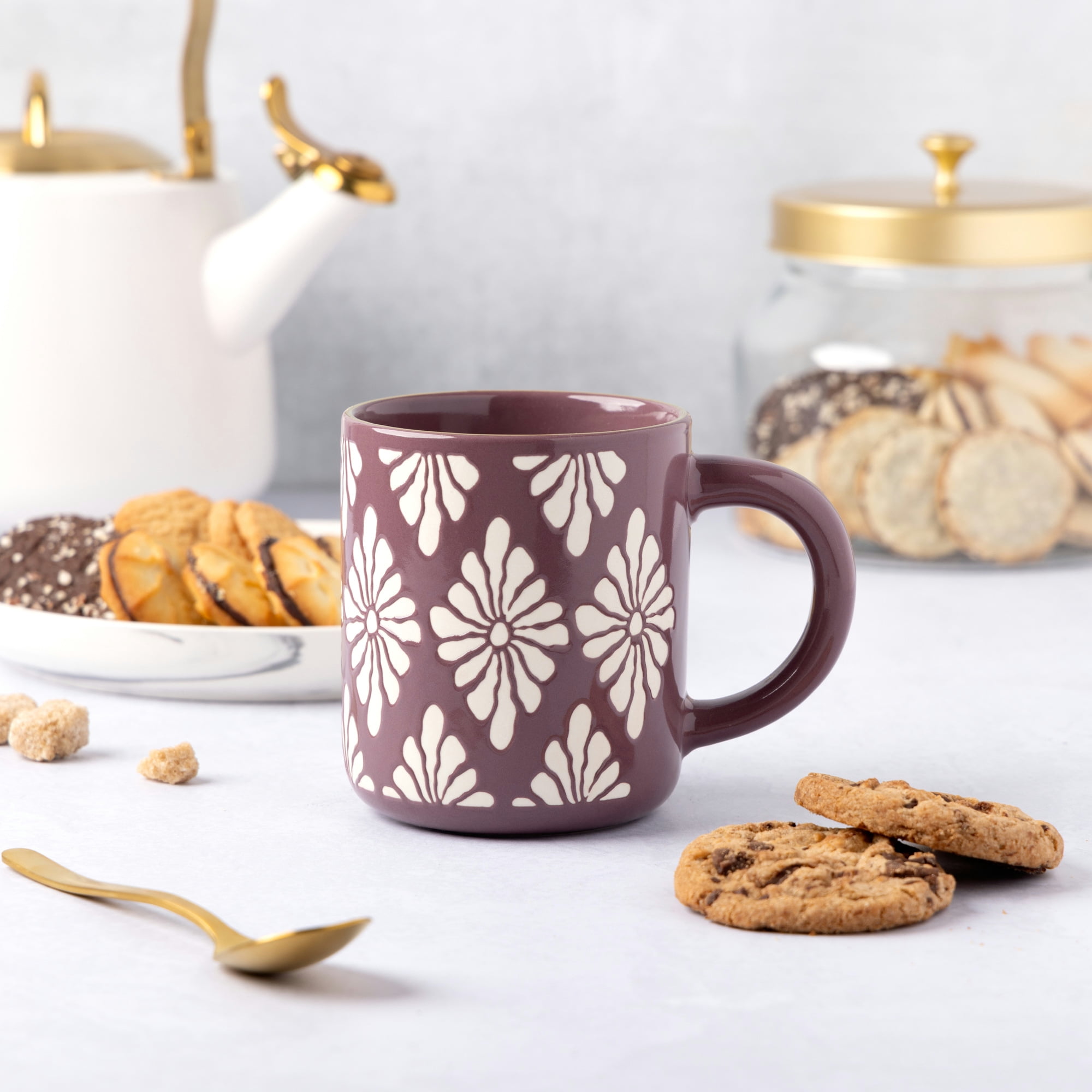 Thyme & Table Purple with White Flowers Mug with Gold Rim 19.6 fl oz, Stoneware