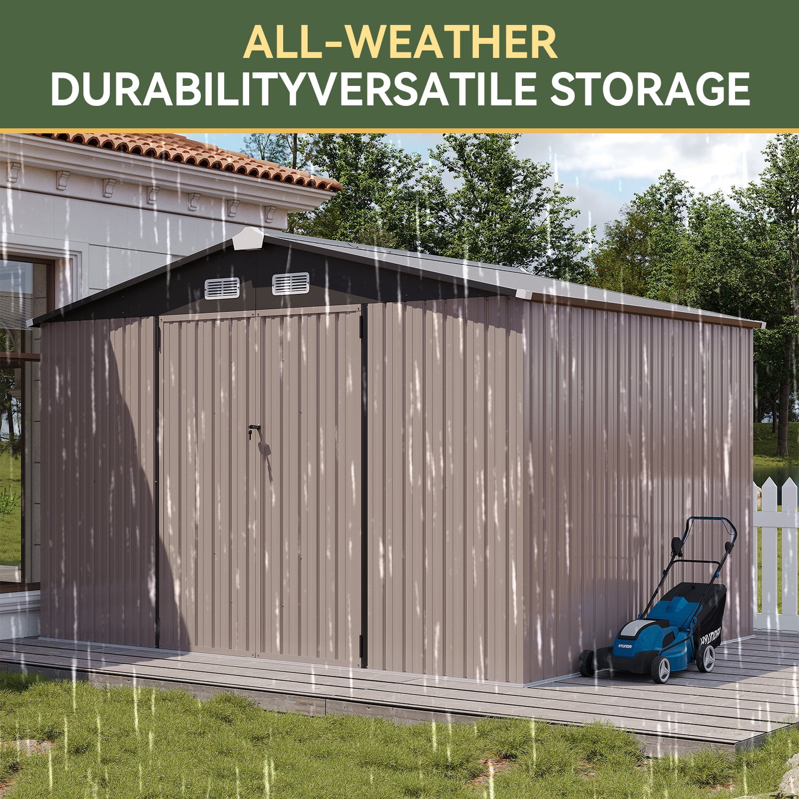 BaPiPro 10x8 ft Outdoor Metal Storage Shed, Heavy Duty Garden Tool Shed with Lockable Doors for Patio, Backyard, Brown