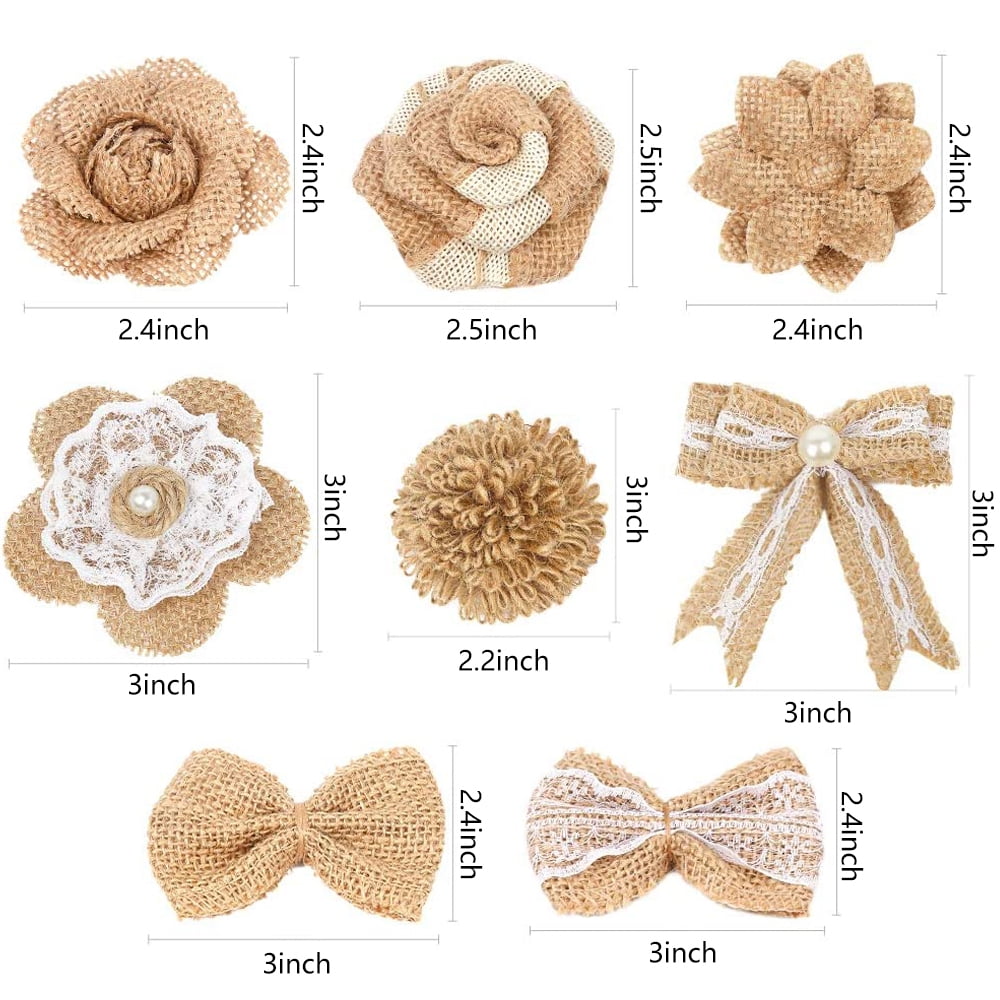 AMERTEER 24PCS Handmade Burlap Flowers Set, 8 Styles Natural Rustic Burlap Flowers Craft Burlap Lace Pearl Bowknot Great for Wedding Home Decoration Christmas Party DIY Craft Bouquets