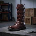 thumbnail image 2 of Men's Vintage Boots -Tall Boots with Skull Buckle Straps, Metal Toe Cap & Lace-Up Design, Brown & Black, 2 of 6