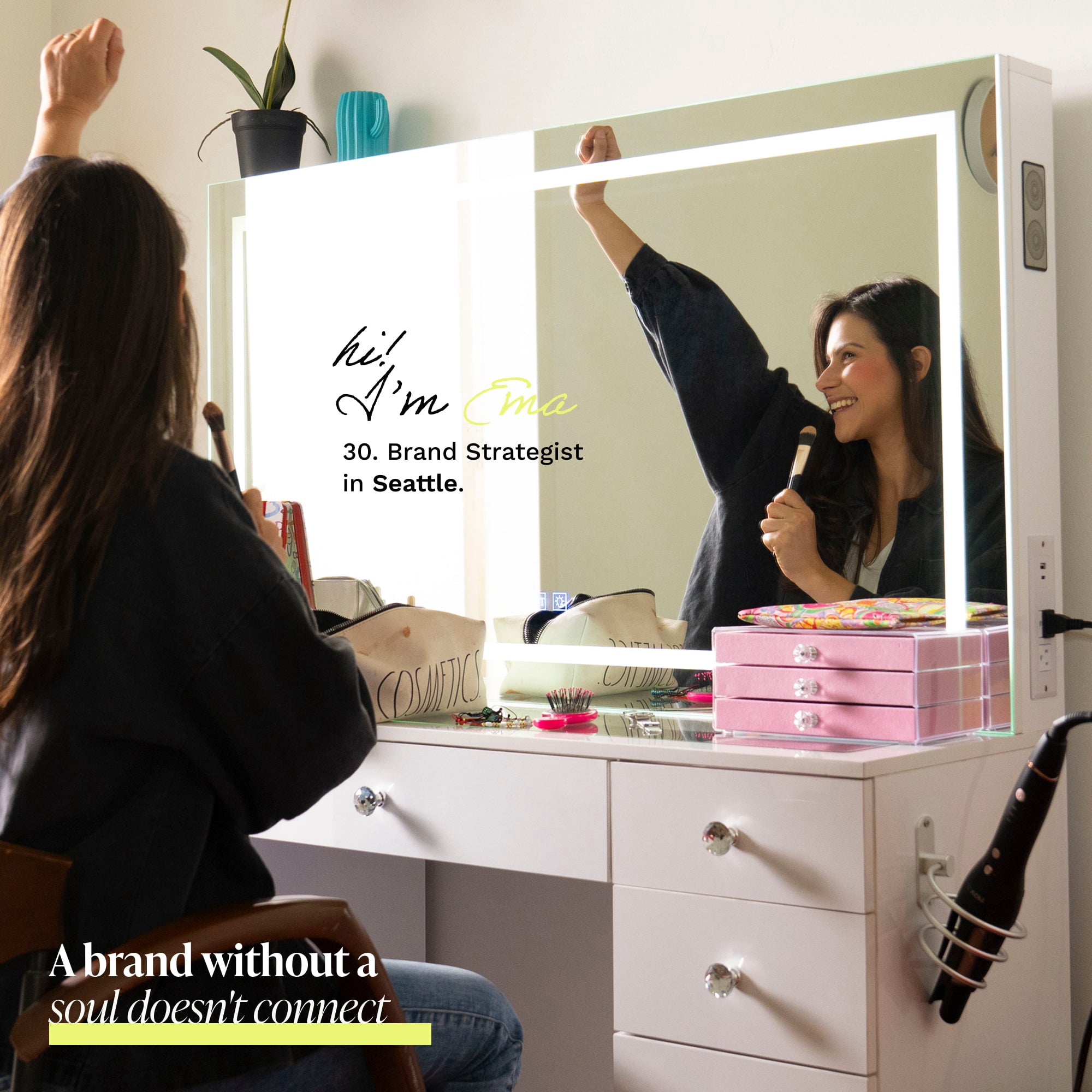 Boahaus Amelia Vanity Desk with Mirror and Lights – 11 Drawer Makeup Vanity Table with Storage, Power Outlet and Speakers