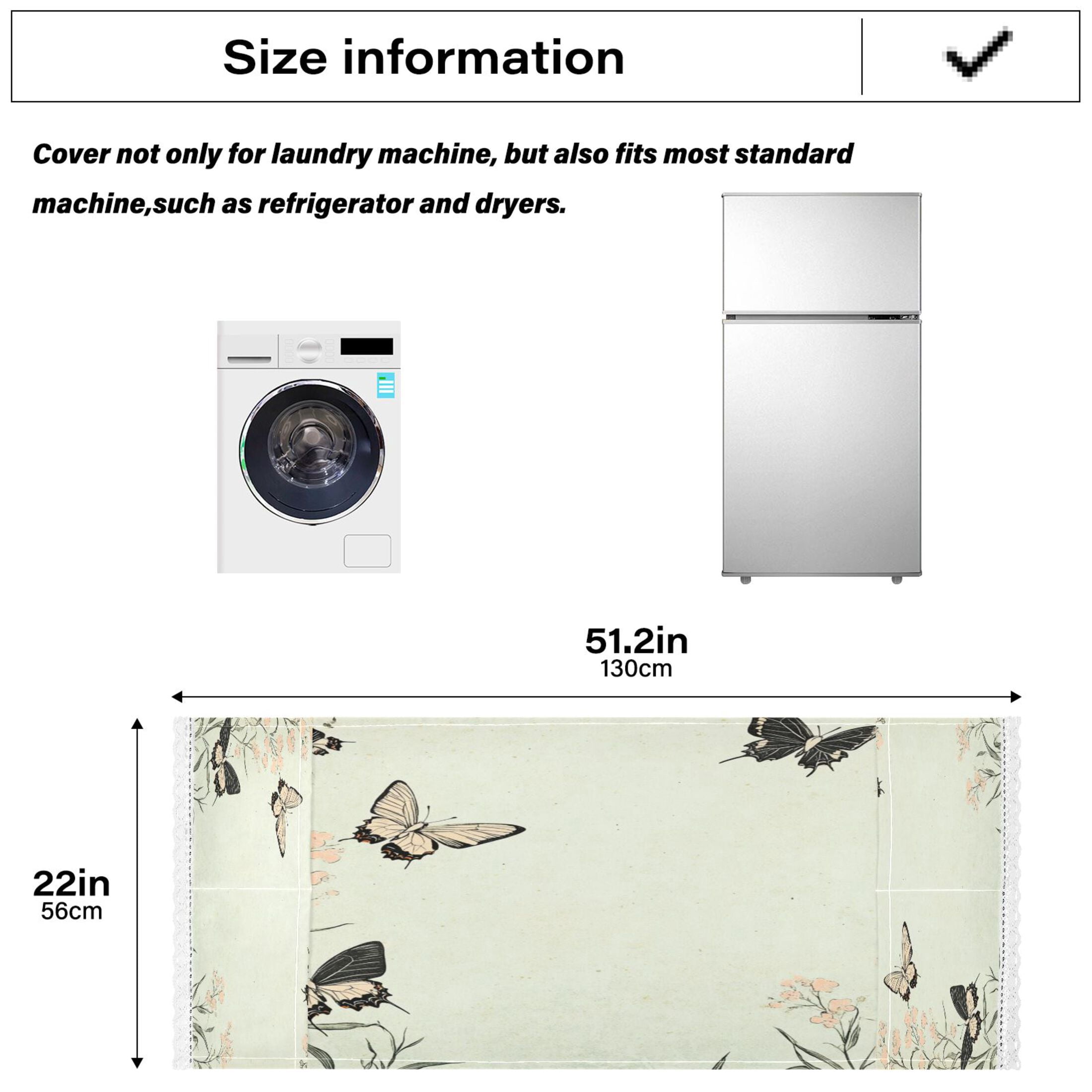 Butterfly Print with Pastel FlowersWasher and Dryer Covers Dust-Proof and Oil Resistant Fridge Cover with 4 Storage Pockets Washing Machine Top Cover for Laundry Kitchen Home 51.2 x 22 In