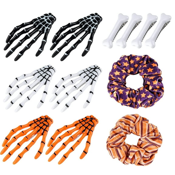 12 Pcs Halloween Skeleton Hands Bone Hair Clips and Elastic Hair Ties Bands for Halloween Dress Up, Horror Hair Clip for Women Girls Halloween Hair Accessories