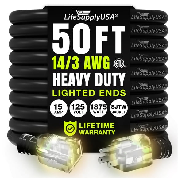 Cable de extensión LifeSupplyUSA, 50 pies, calibre 14/3, 125 V, 1875 W, negro