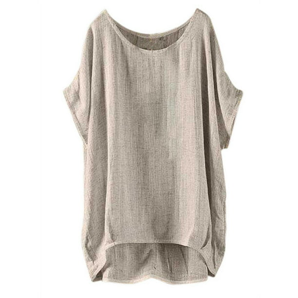 Summer Women Casual Loose Cotton Linen Blouse Solid Shirts Tops Plus ...