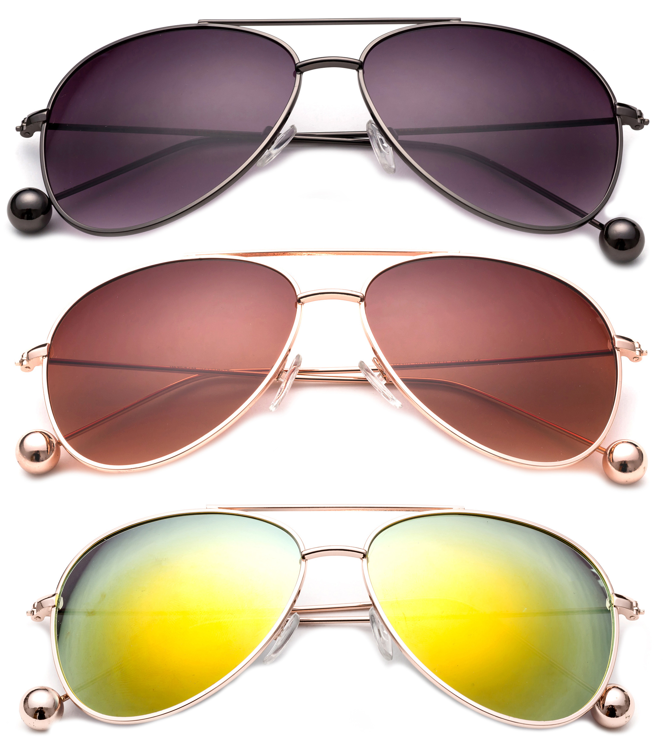 3 Pack Aviator Metal Frame Metal Ball Tip Fashion Sunglasses for Women for Men, Black Smoke, Gunmetal, Brown & Orange - image 1 of 2