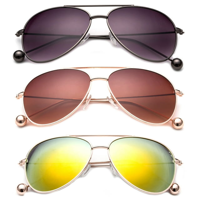 3 Pack Aviator Metal Frame Metal Ball Tip Fashion Sunglasses for Women for Men, Black Smoke, Gunmetal, Brown & Orange