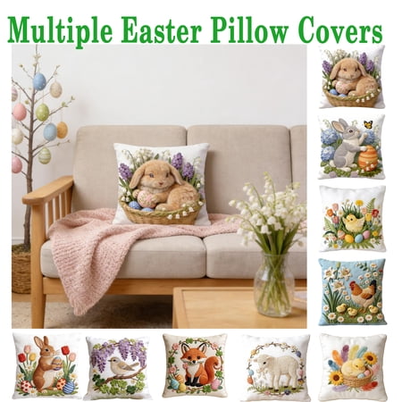 17.7x17.7in Cute Embroidery Easter Pillow Cover Bunny Rabbit Decorative Throw Pillowcase Soft Lint Cushion Cover for Sofa Bedroom Living Room Spring Holiday Home Decoration HAODEJW