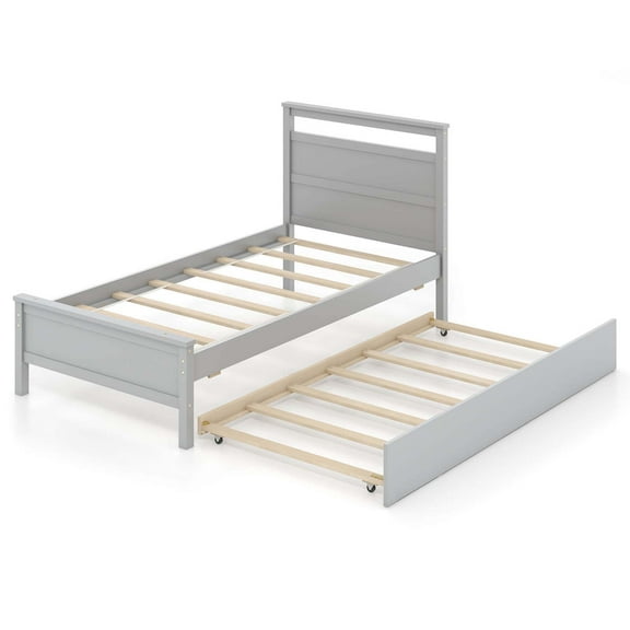 Costway Twin Size Platform Bed with Trundle Pull-out Trundle Headboard & Footboard Gray
