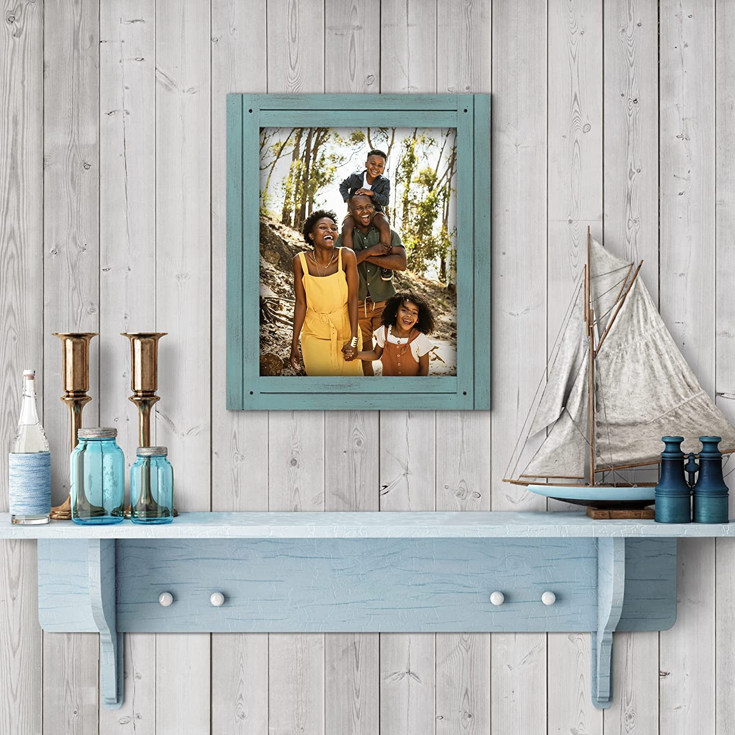 Americanflat 11x14 Rustic Picture Frame in Turquoise Blue with Textured Wood and Polished Glass - Horizontal and Vertical Formats for Wall - Farmhouse Style