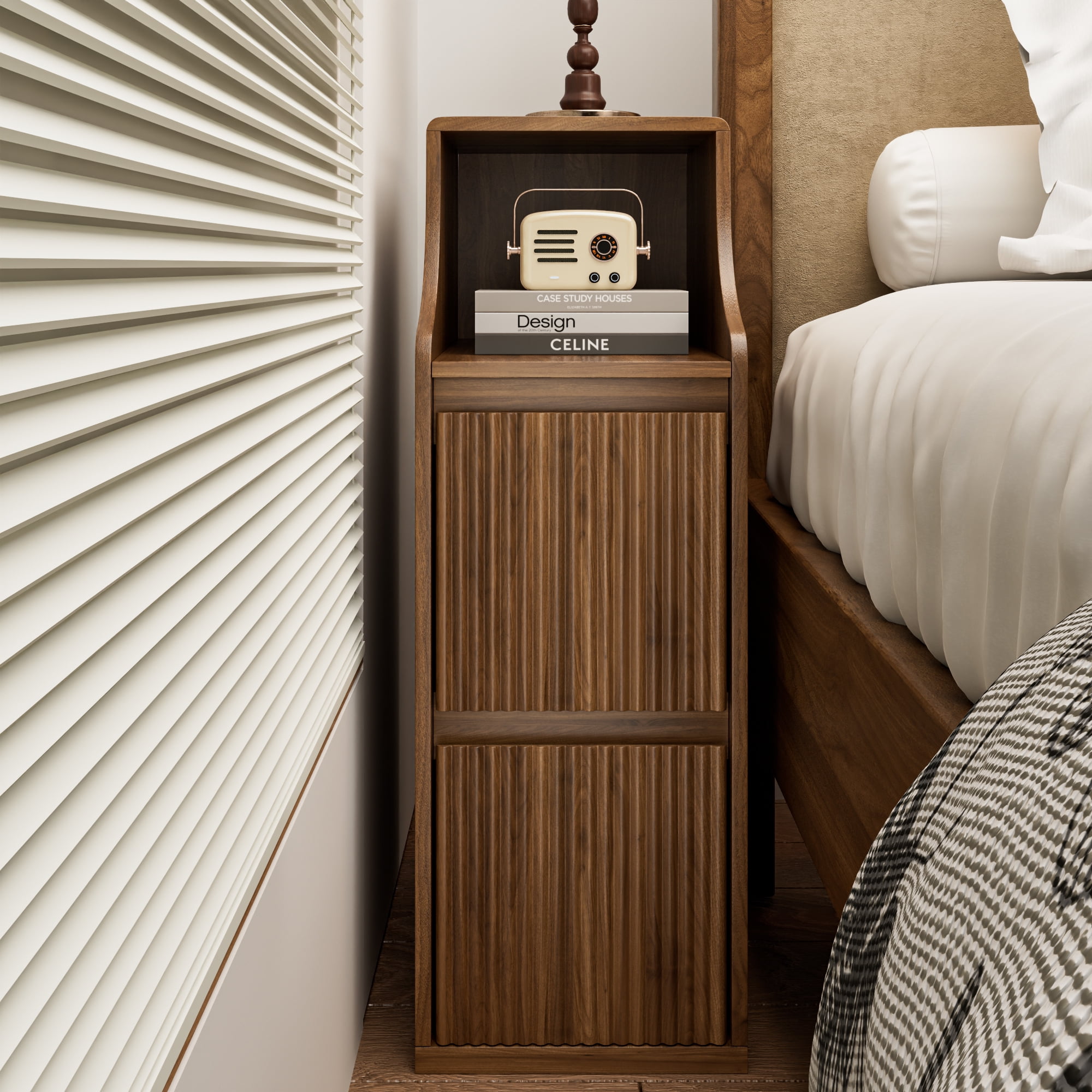 Fluted Narrow Nightstand Set of 2, Small 2 Drawer Nightstand, Skinny End Table, Mid Century Modern Night Stand for Living Room, Bedroom, Walnut