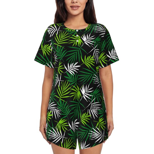 Fotbe Tropical Leaves1 Conjunto de Pijama Estampado para Mujer, 2 Piezas, Ropa de Dormir con Camiseta de Manga Corta y Shorts Suaves-Medium