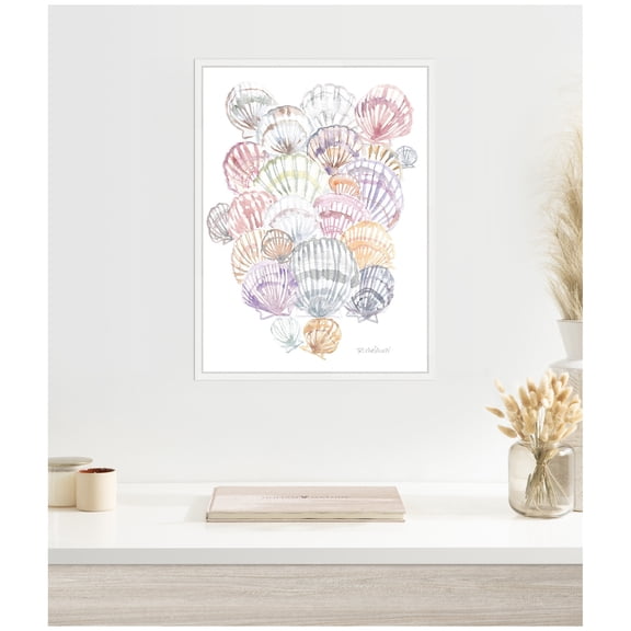 Kate and Laurel Pale Pastel Shells Framed Canvas Wall Art by Patricia Shaw 18 x 24 Sylvie White, Coastal, Beach, Abstract Art for Wall Decor, Living Room, Bedroom